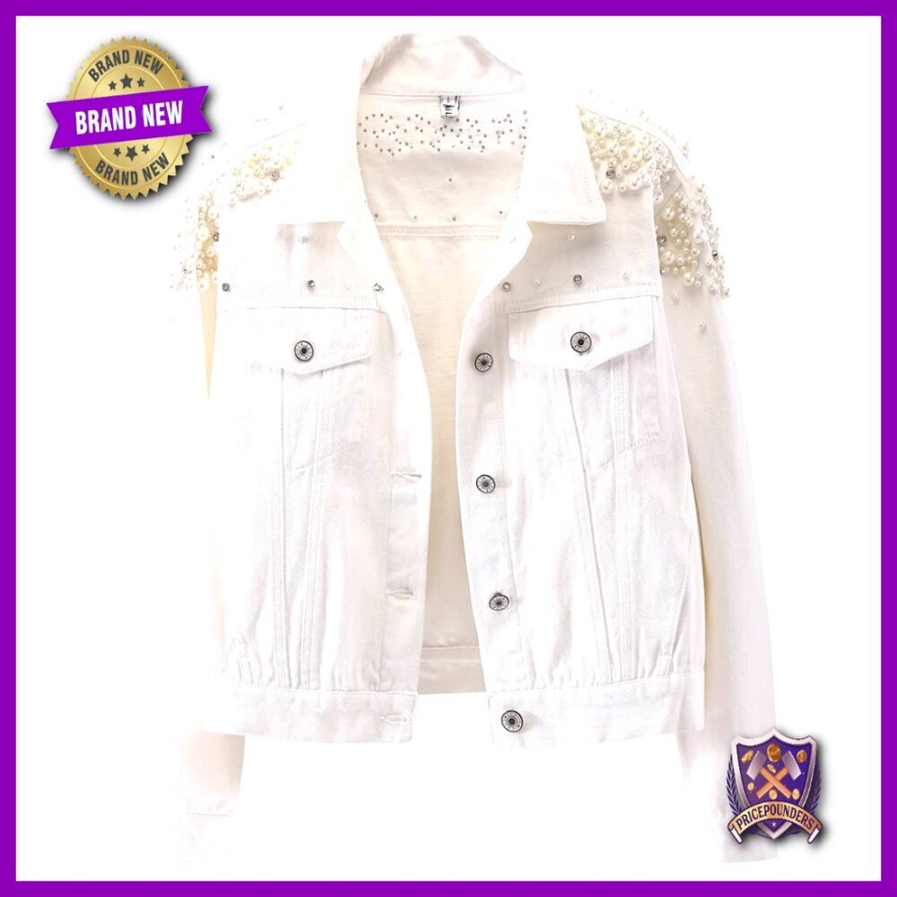 Embroidered Denim Jacket with Pearl Rivets Distressed Boyfriend Fit Y2K Chic